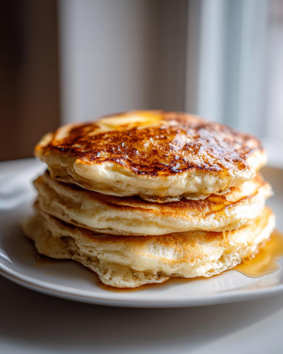 A tall stack of three fluffy oatmeal pancakes topped with melting butter and drizzled with syrup.