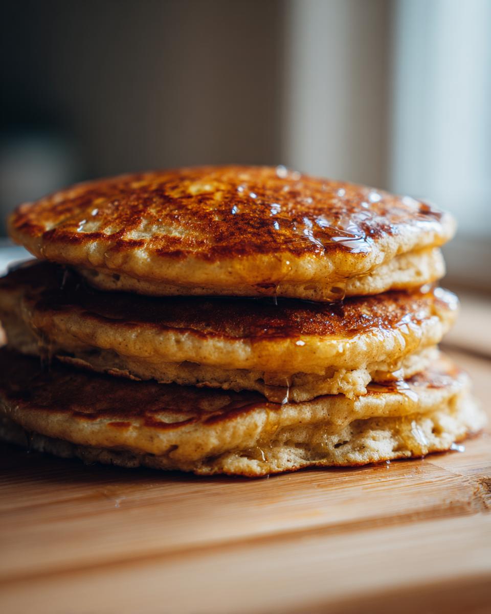 Close-up of a fluffy stack of three oatmeal pancakes drizzled generously with golden syrup.