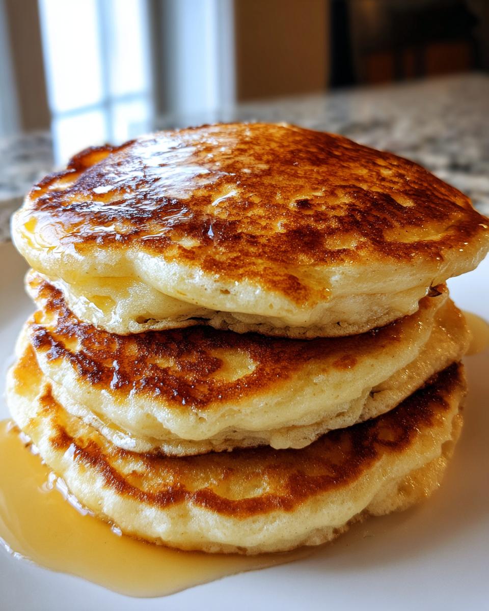 Close-up of a tall stack of fluffy oatmeal pancakes drizzled generously with syrup.