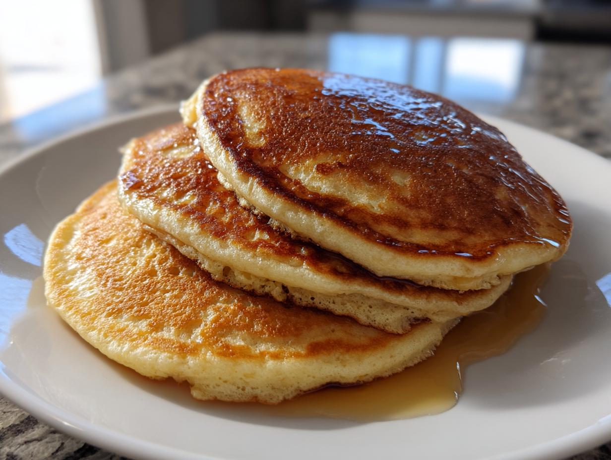 A close-up of three fluffy oatmeal pancakes stacked on a white plate, drizzled generously with maple syrup.