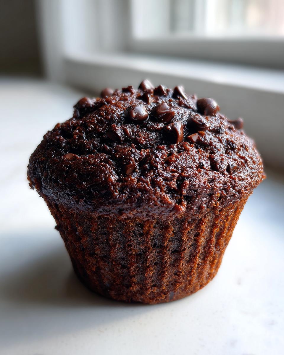 Close-up of a rich, dark chocolate zucchini muffin topped with melted chocolate chips.