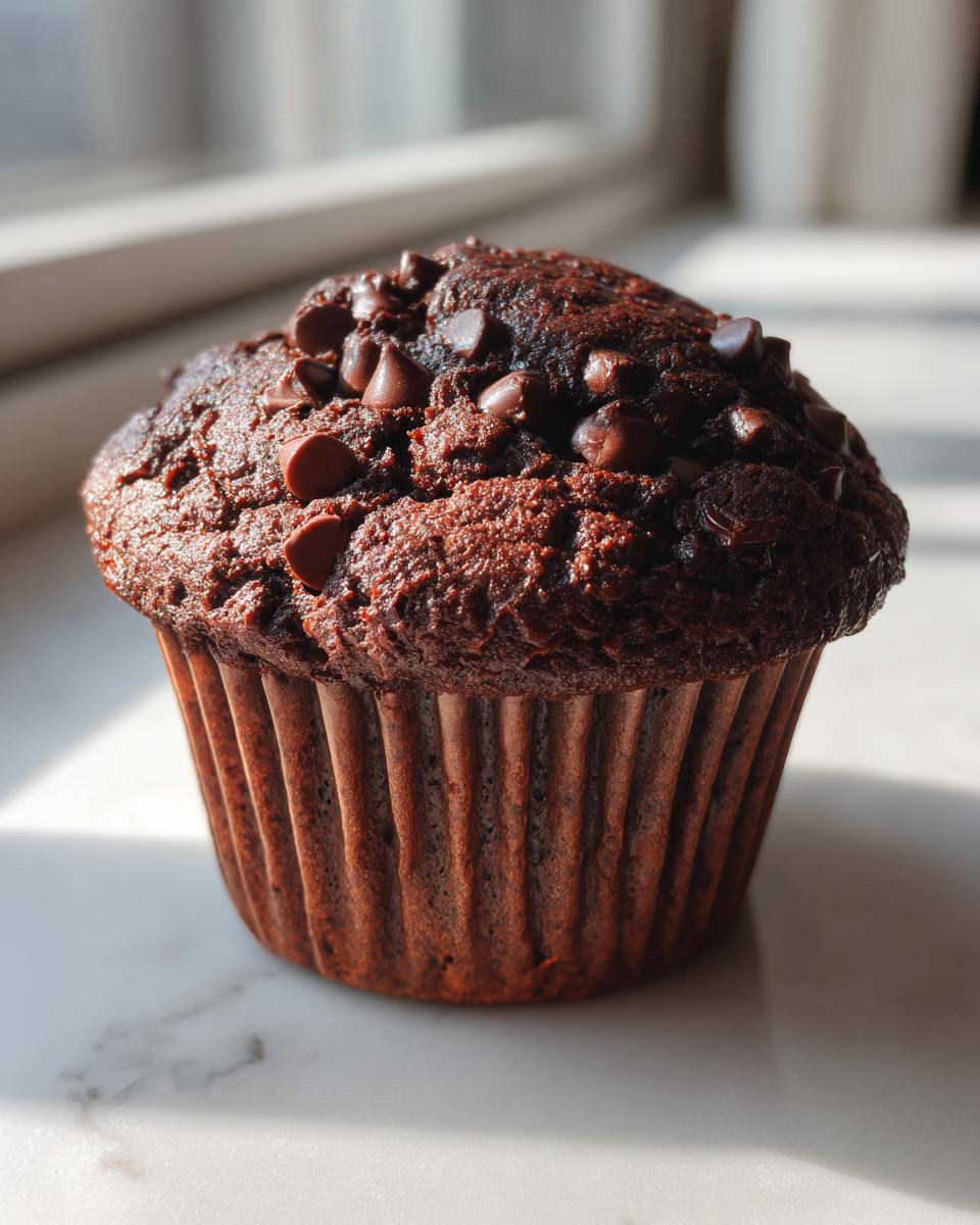 A single, rich, dark chocolate zucchini muffin topped generously with chocolate chips, sitting on a white surface.