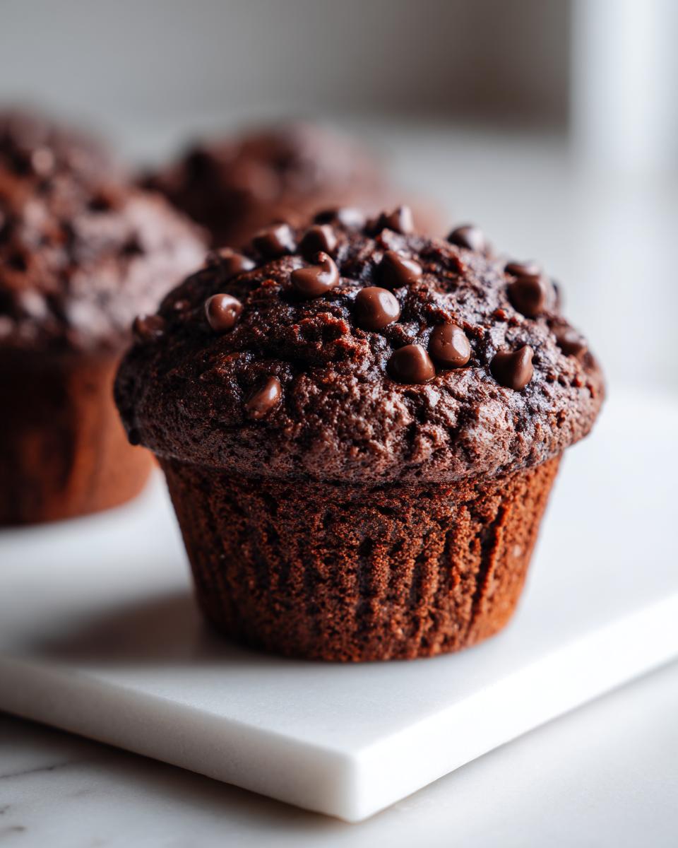 Close-up of a rich, dark chocolate zucchini muffin topped generously with chocolate chips.