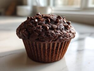 A close-up of a rich, dark chocolate zucchini muffin topped with melted chocolate chips, sitting on a light counter.