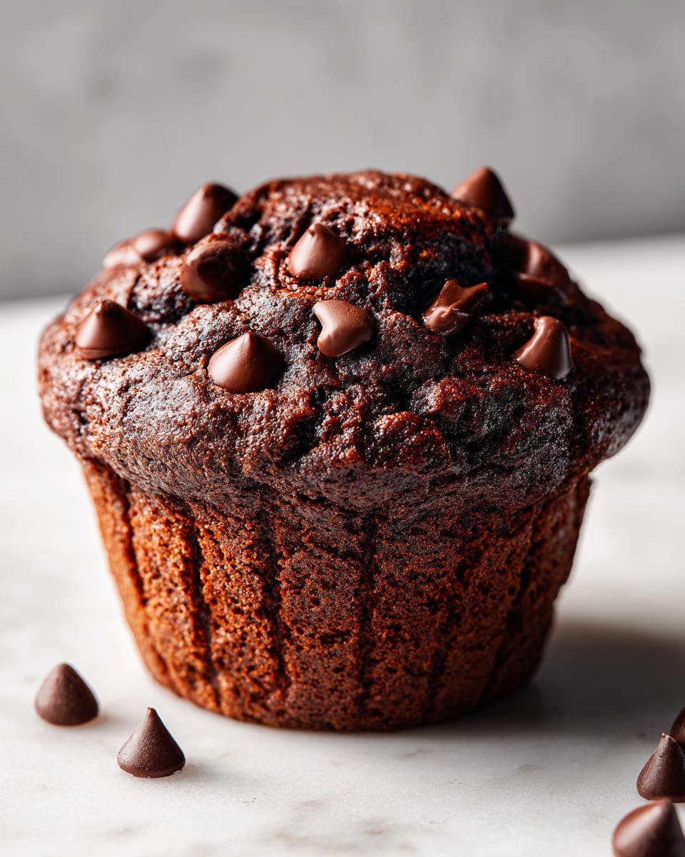 Close-up of a dark, fudgy chocolate zucchini muffin topped with melted chocolate chips.