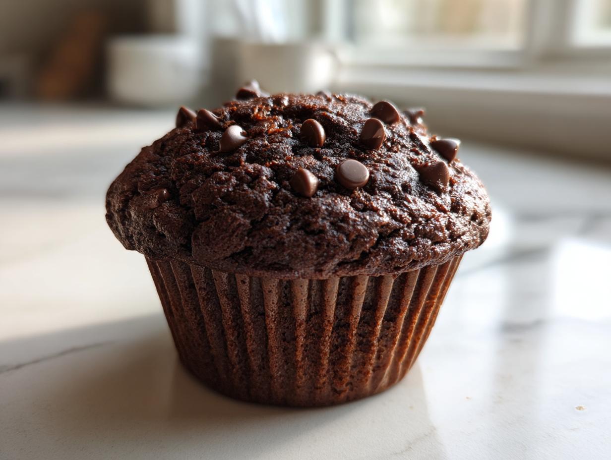 A close-up of a rich, dark chocolate zucchini muffin topped with melted chocolate chips, sitting on a light counter.