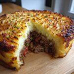 A golden brown cottage pie recipe with a serving scooped out, revealing the rich meat and vegetable filling.