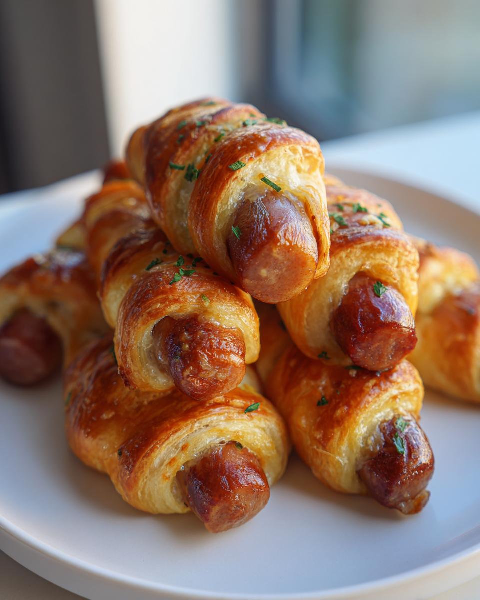 A stack of golden brown, flaky pastry pigs in a blanket sprinkled with chives, ready to eat.