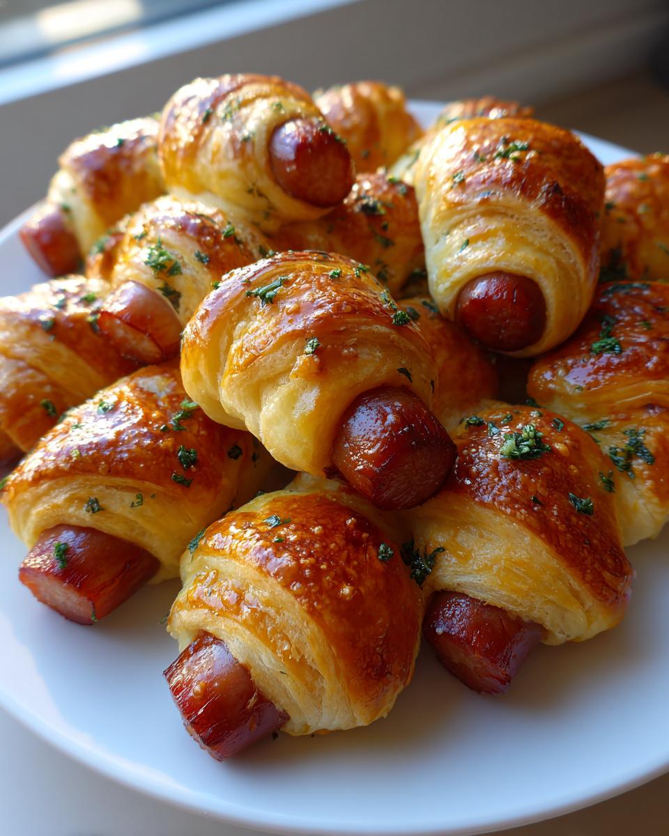 Close-up of several golden brown, flaky pigs in a blanket appetizer sprinkled with herbs on a white plate.