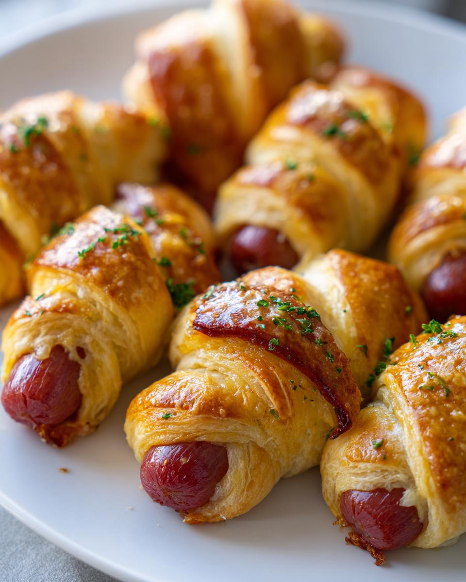Close-up of several golden brown pigs in a blanket appetizers sprinkled with parsley on a white plate.