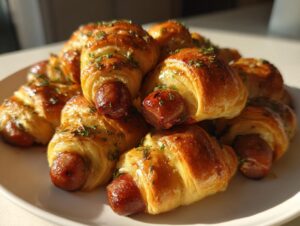 A pile of freshly baked, golden brown pigs in a blanket sprinkled with green herbs on a white plate.