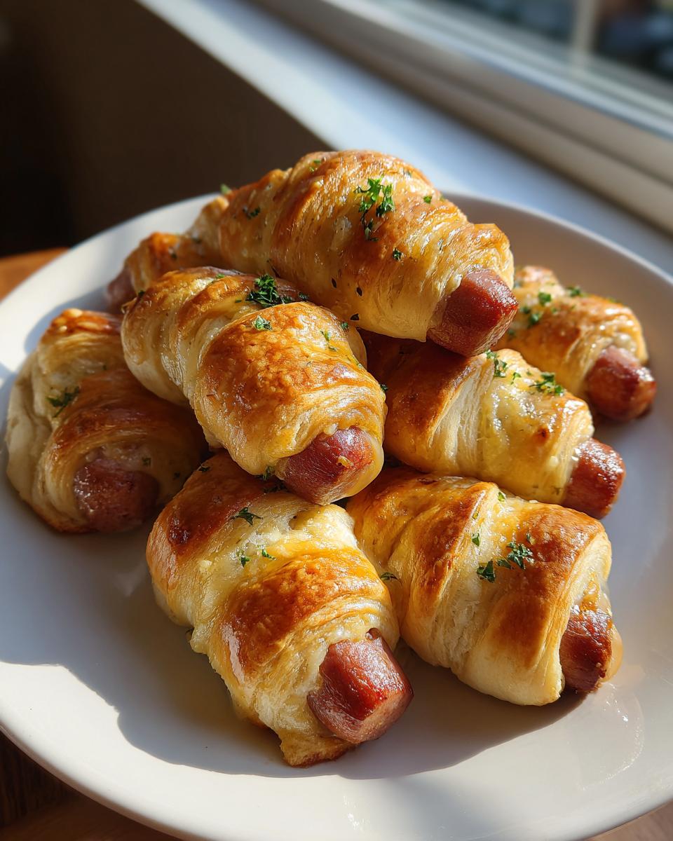 A stack of golden brown, flaky pigs in a blanket garnished with parsley, ready to eat.