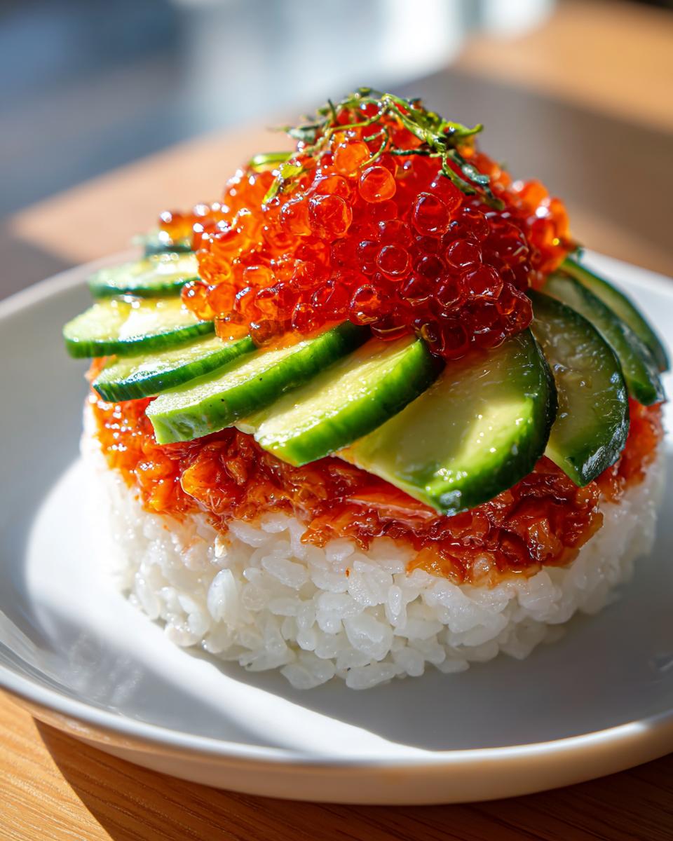 Close-up of a cylindrical spicy crab sushi bowl stack topped with cucumber slices and bright orange salmon roe (ikura).