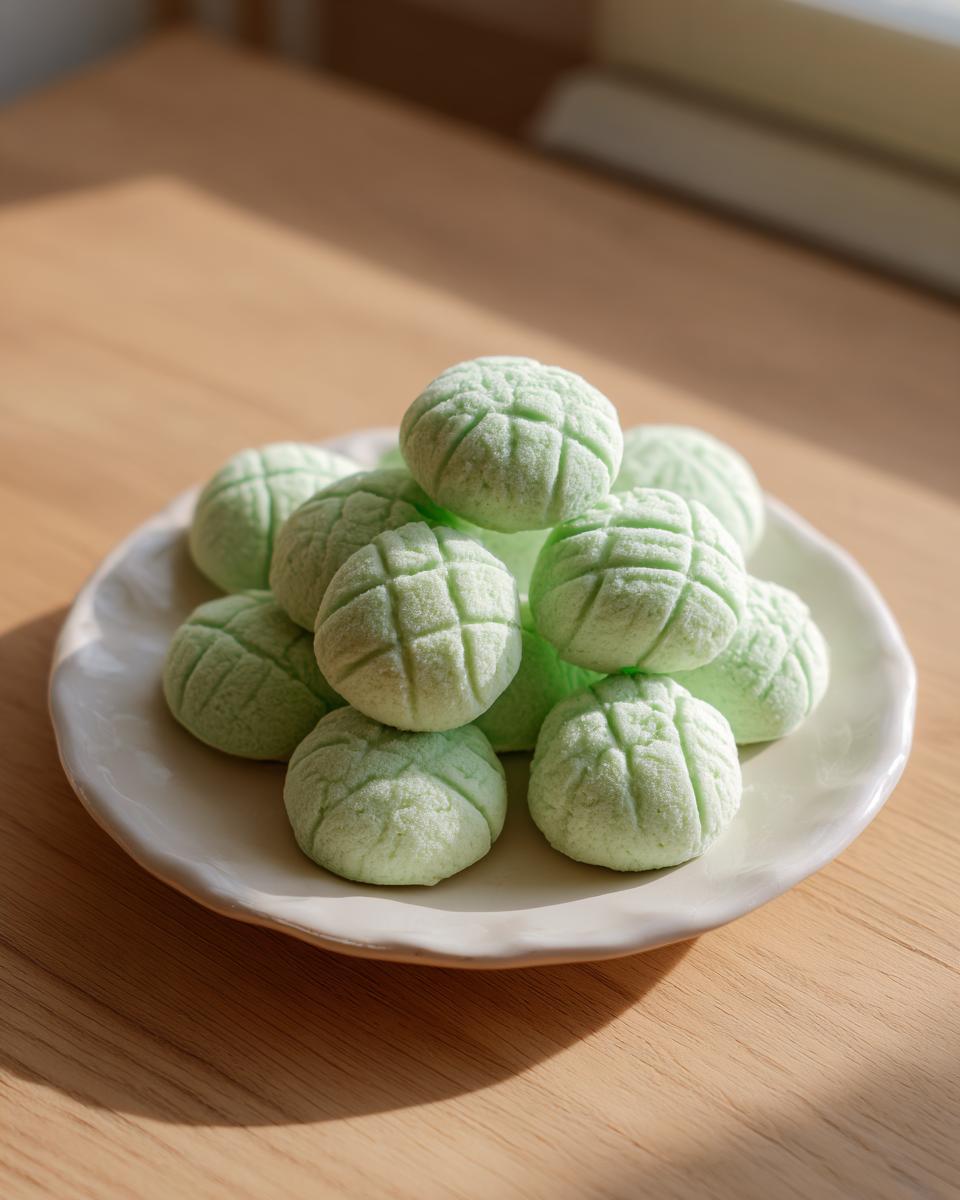 A stack of light green, cross-hatched cream cheese mints resting on a small white plate.