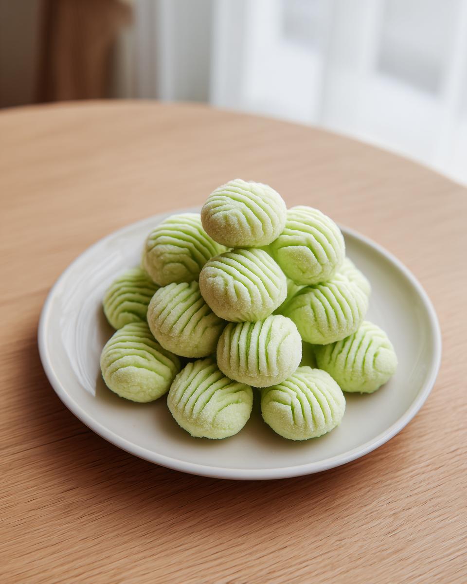 A mound of pale green, textured cream cheese mints stacked on a light gray plate on a wooden table.