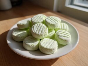 A pile of light green, round cream cheese mints with fork marks on top, sitting on a white plate.