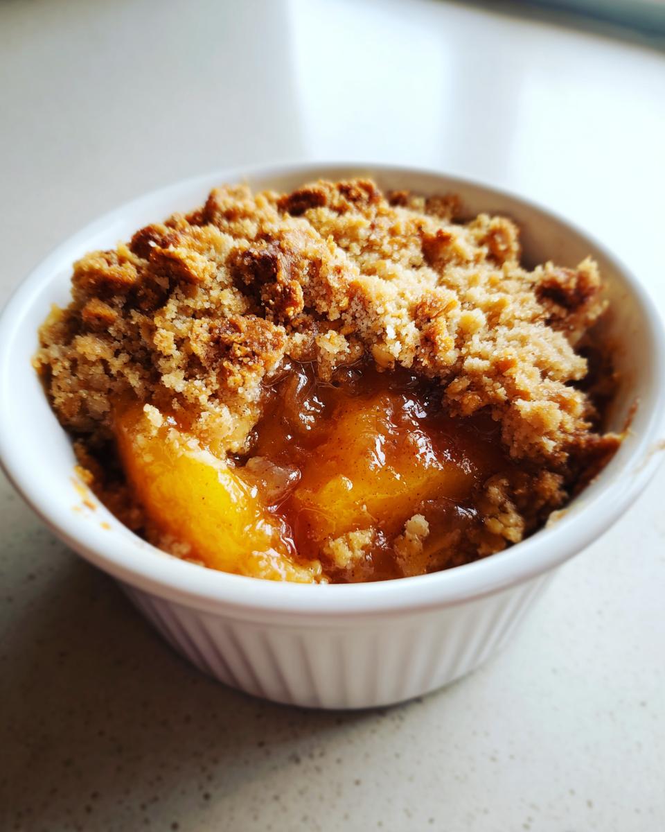 Close-up of a warm, bubbling individual peach crisp topped with golden brown crumble in a white ramekin.