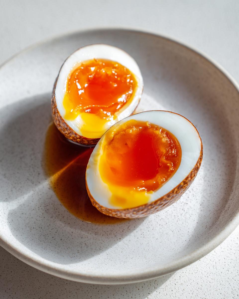 Two halves of a marinated egg showing a bright orange, jammy yolk, resting on a speckled white plate.