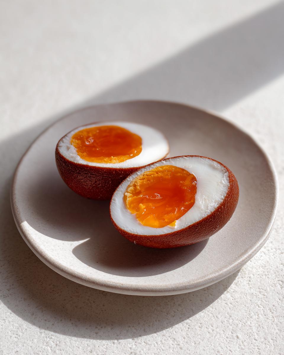 Two halves of perfectly cooked marinated eggs showing bright orange, jammy yolks, resting on a small plate.