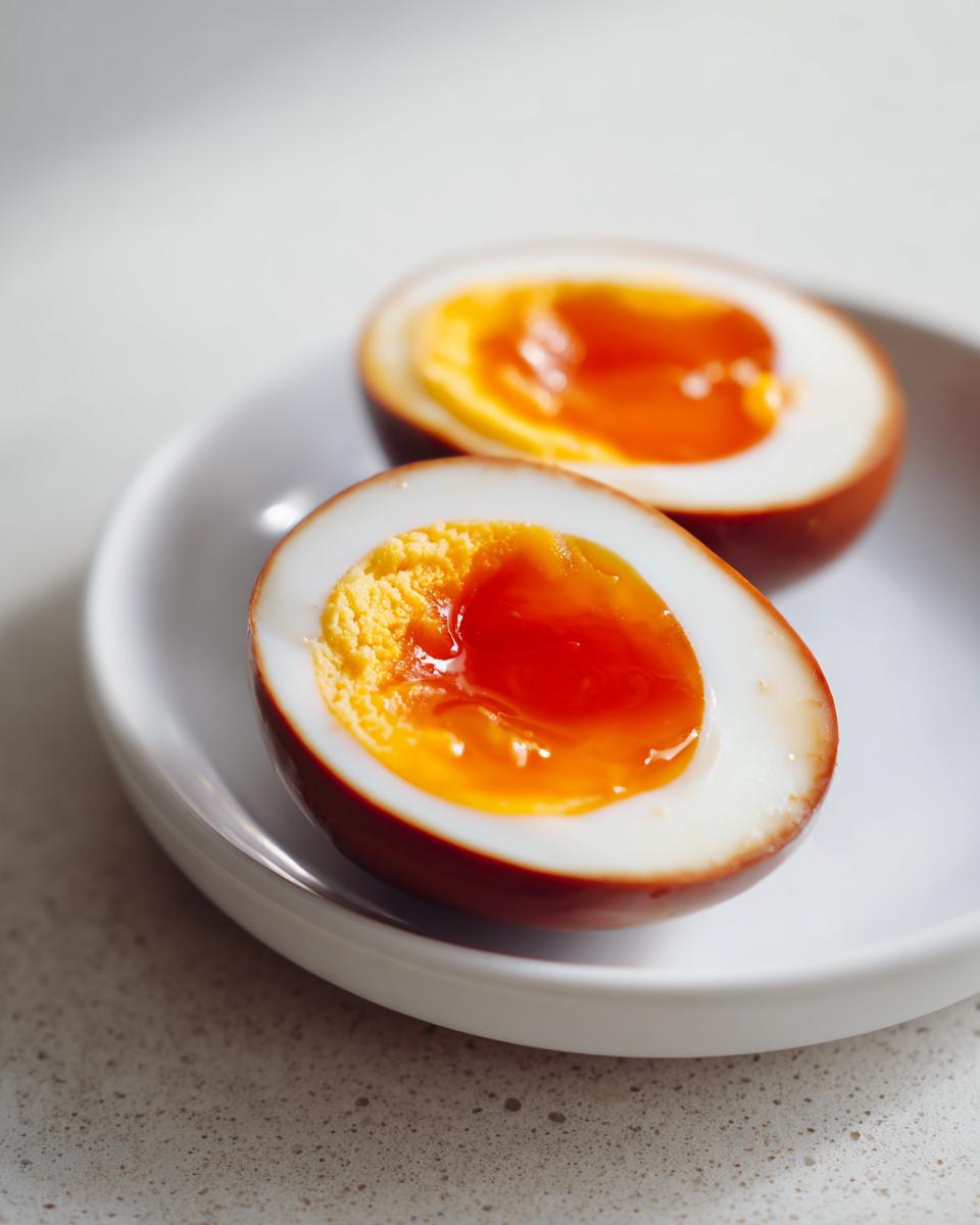 Two halves of perfectly cooked marinated eggs showing bright orange, jammy yolks, resting on a small white plate.