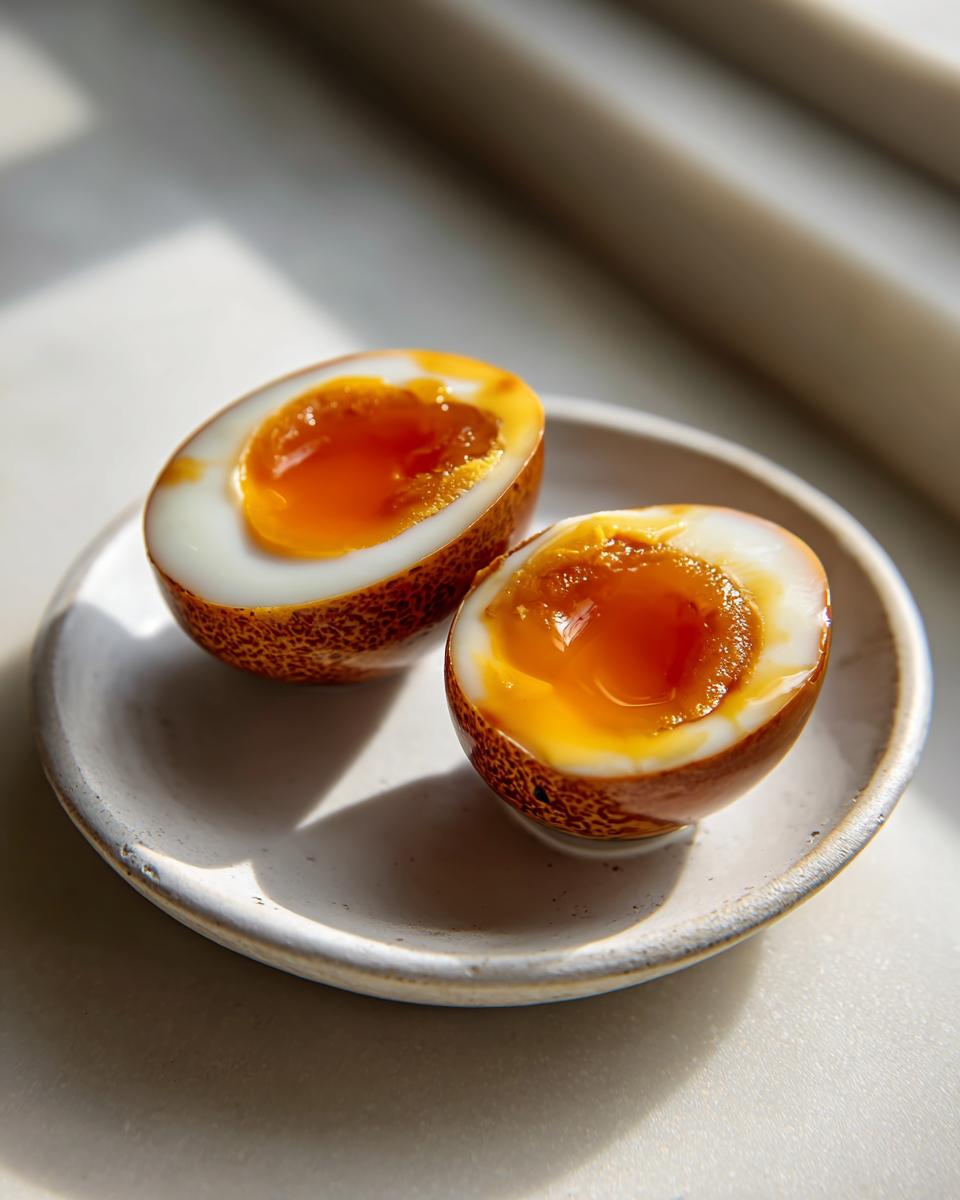 Two halves of marinated eggs showing bright, jammy orange yolks, resting on a small ceramic plate.