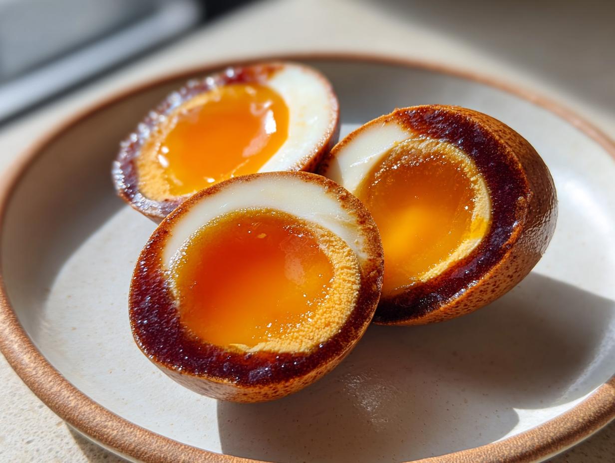 Three halves of perfectly cooked marinated eggs showing bright orange, jammy yolks and dark, stained whites.