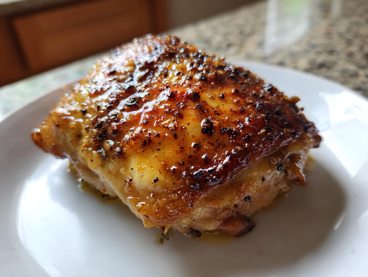 Close-up of a perfectly cooked, juicy chicken thighs with a caramelized, seasoned, and crispy skin resting on a white plate.