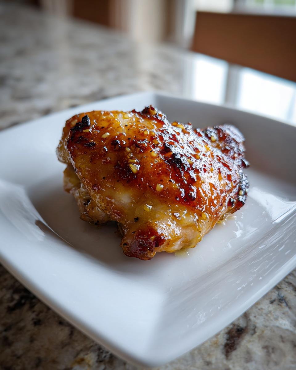 Close-up of a single, perfectly cooked, glazed chicken thighs piece resting on a white square plate.