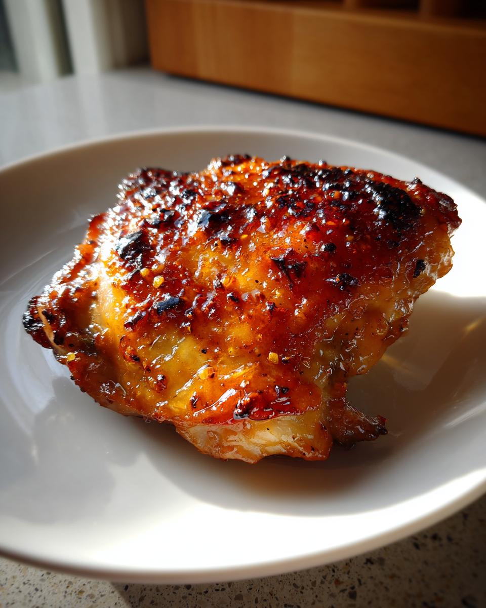 Close-up of a single, perfectly cooked, juicy chicken thighs with a dark, caramelized, and glistening glaze.
