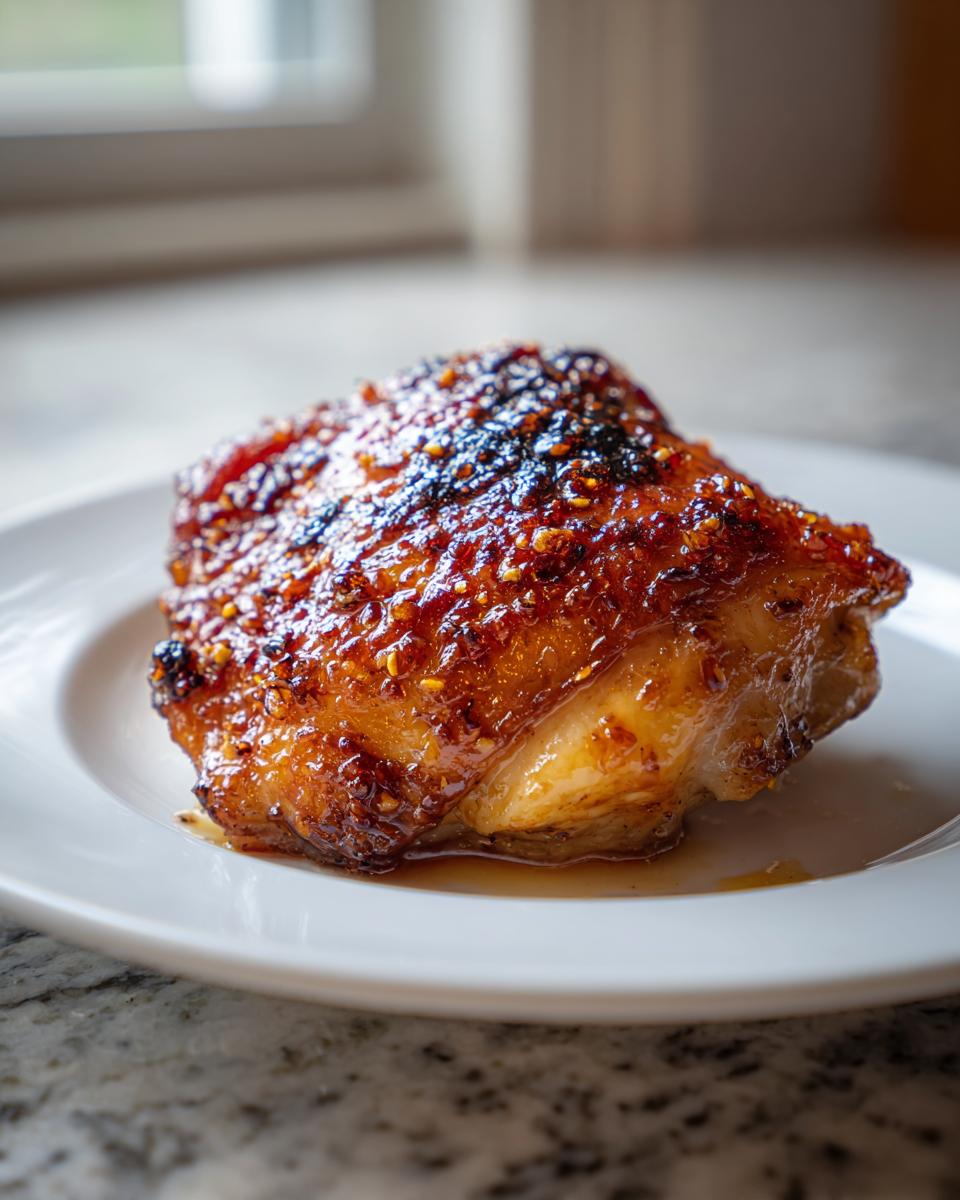 Close-up of a perfectly cooked, juicy chicken thighs with a dark, caramelized, and slightly charred glaze.