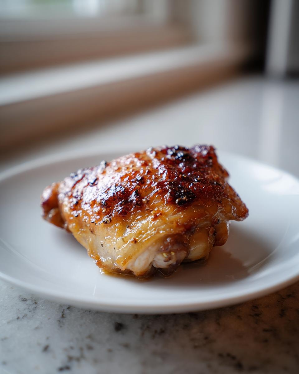 A single, perfectly cooked, juicy chicken thighs piece with a caramelized, golden-brown skin resting on a white plate.
