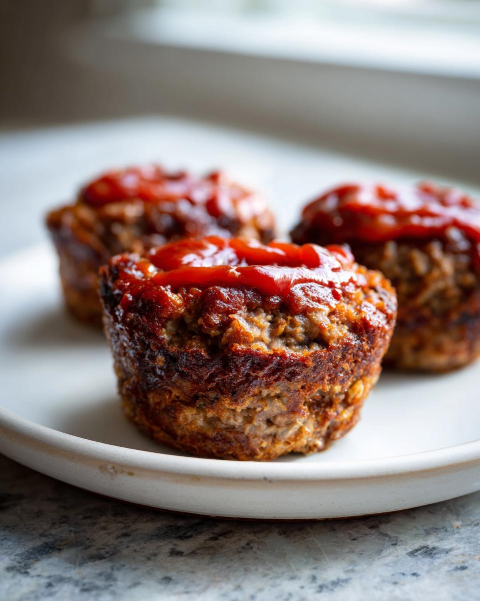 Three perfectly baked mini meatloaf cups topped with a generous layer of shiny red ketchup, served on a white plate.