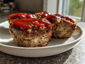 Three freshly baked mini meatloaf cups topped with shiny ketchup glaze resting on a white plate.