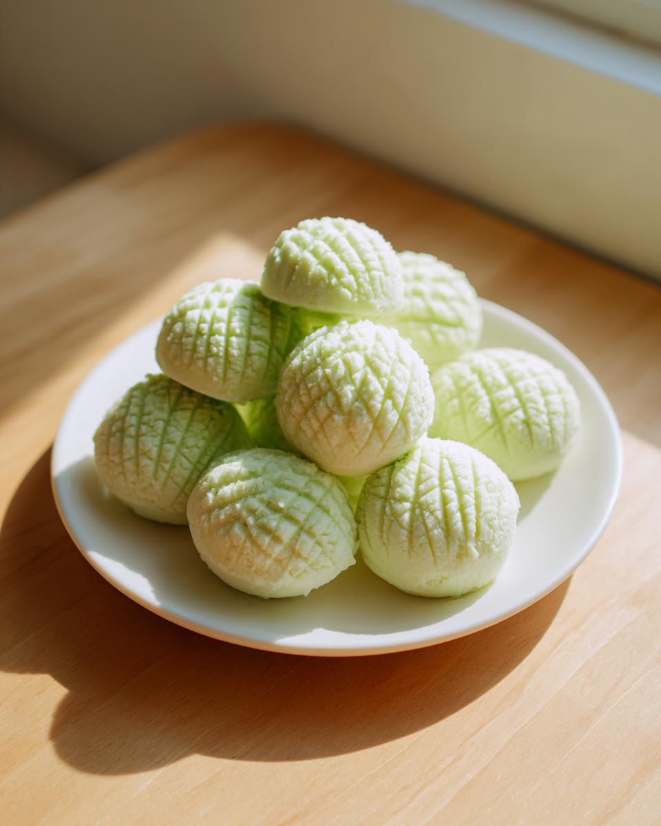 A stack of pale green, textured cream cheese mints resting on a small white plate near a window.
