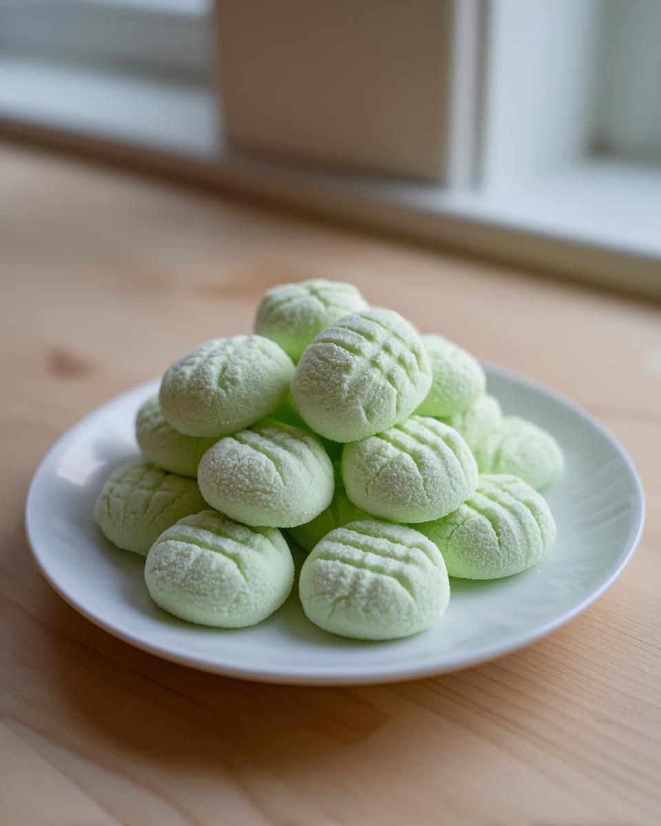 A stack of light green, textured cream cheese mints piled high on a white plate.