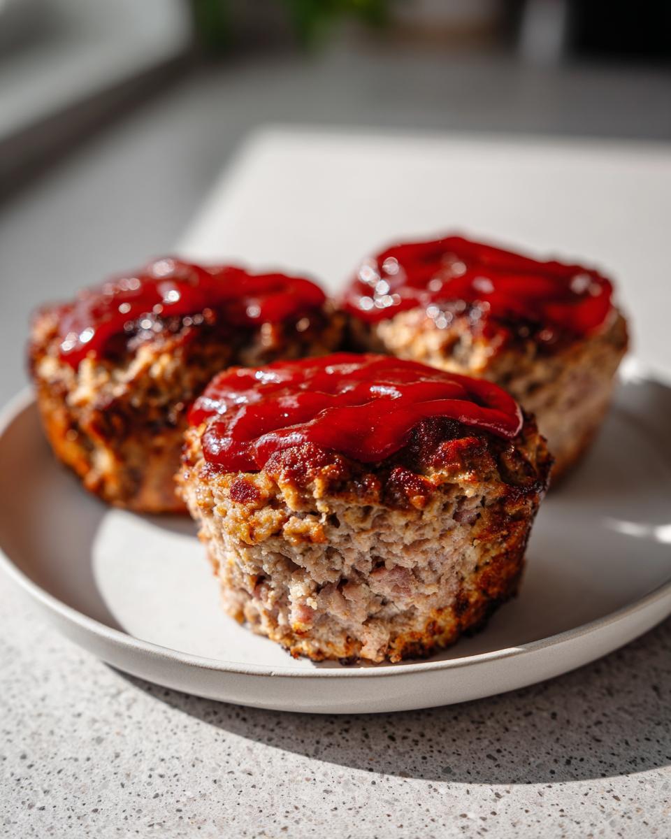 Three perfectly portioned mini meatloaf cups topped with a generous layer of bright red ketchup glaze.