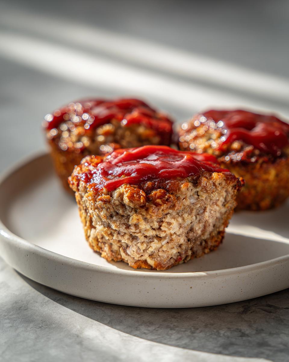 A close-up of one perfectly formed mini meatloaf, topped with shiny ketchup glaze, sitting on a plate.