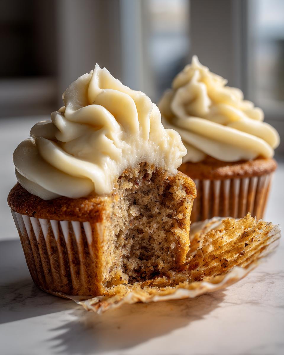 Close-up of a banana cupcakes with a bite taken out, revealing the moist crumb and creamy frosting.