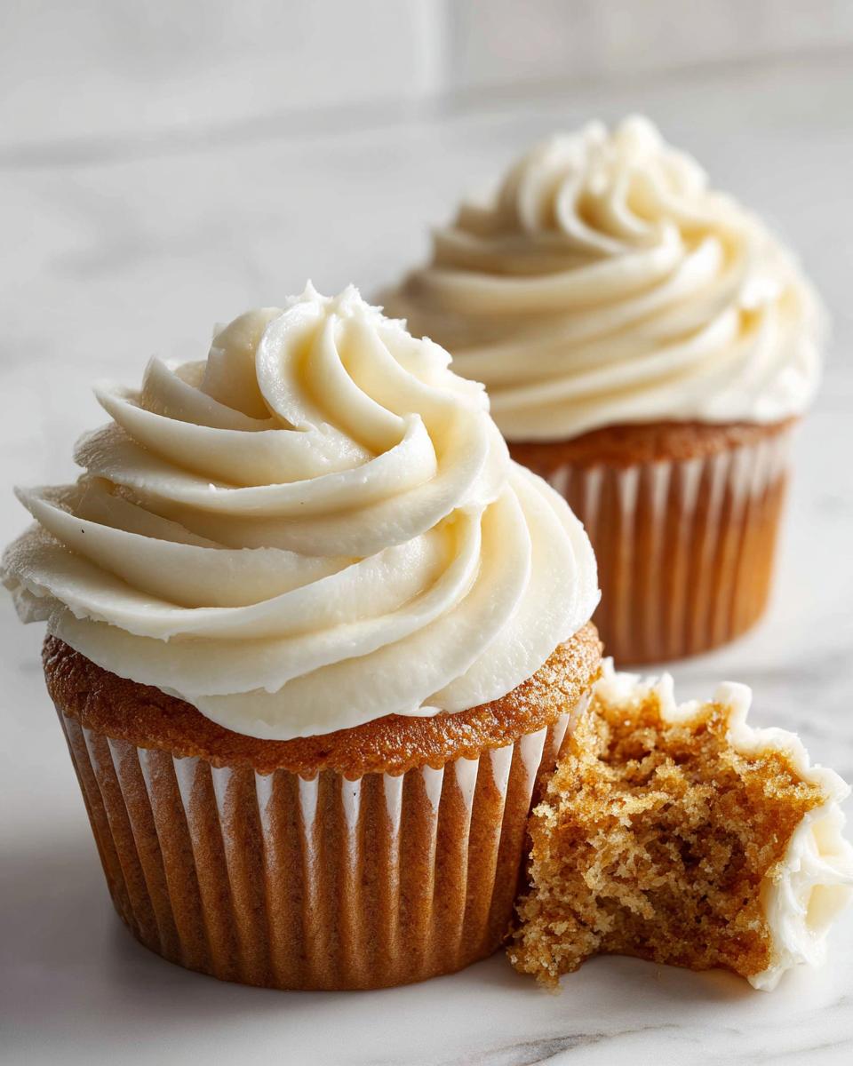 Two banana cupcakes with thick swirls of white frosting, one cupcake has a bite taken out showing the moist crumb.