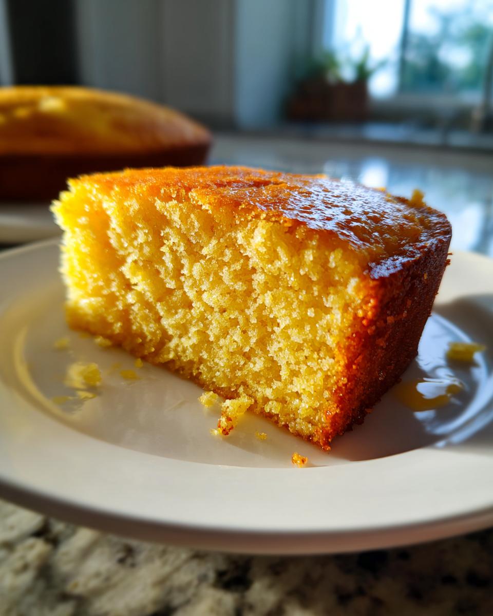 Close-up of a moist, golden slice of cornbread sitting on a white plate, glistening with butter or honey.