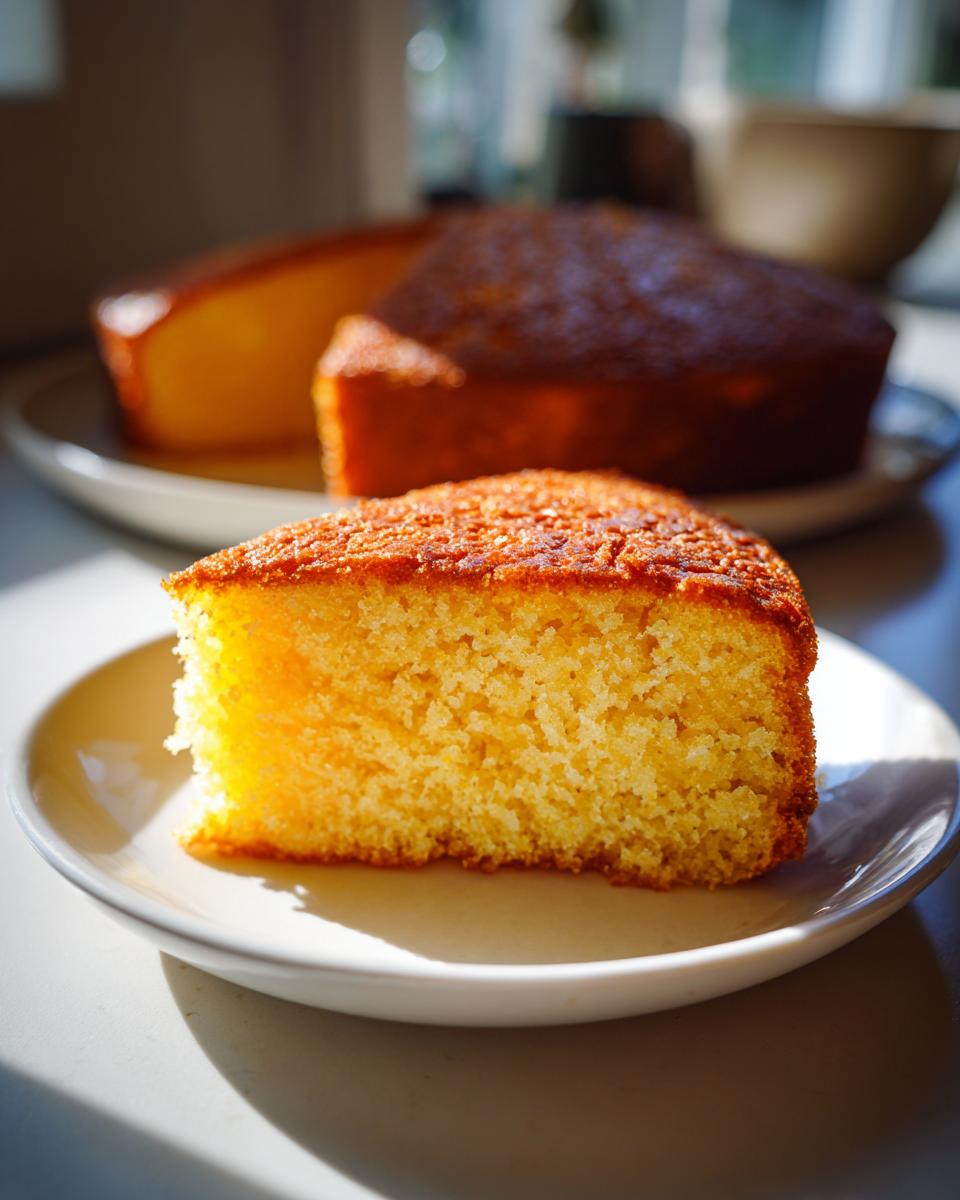 Close-up of a moist, golden slice of cornbread with a slightly crisp top, sitting on a white plate.