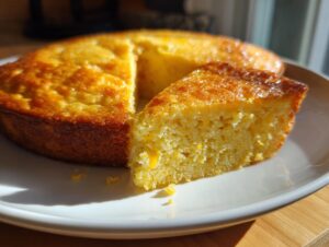 A golden brown, moist cornbread round with one slice cut and pulled forward on a white plate.