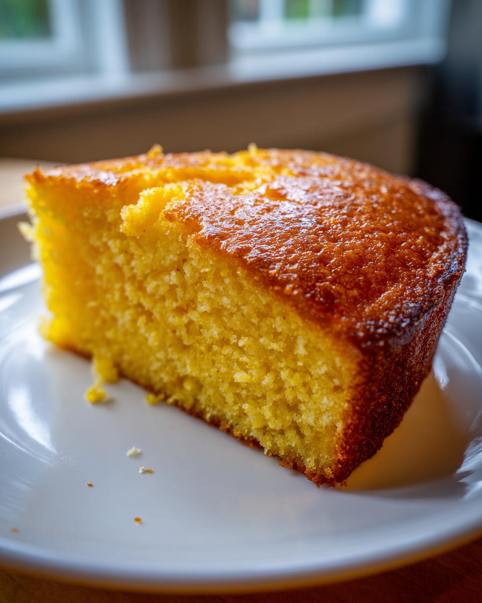 Close-up of a thick, moist slice of golden cornbread with a glossy, browned top, served on a white plate.