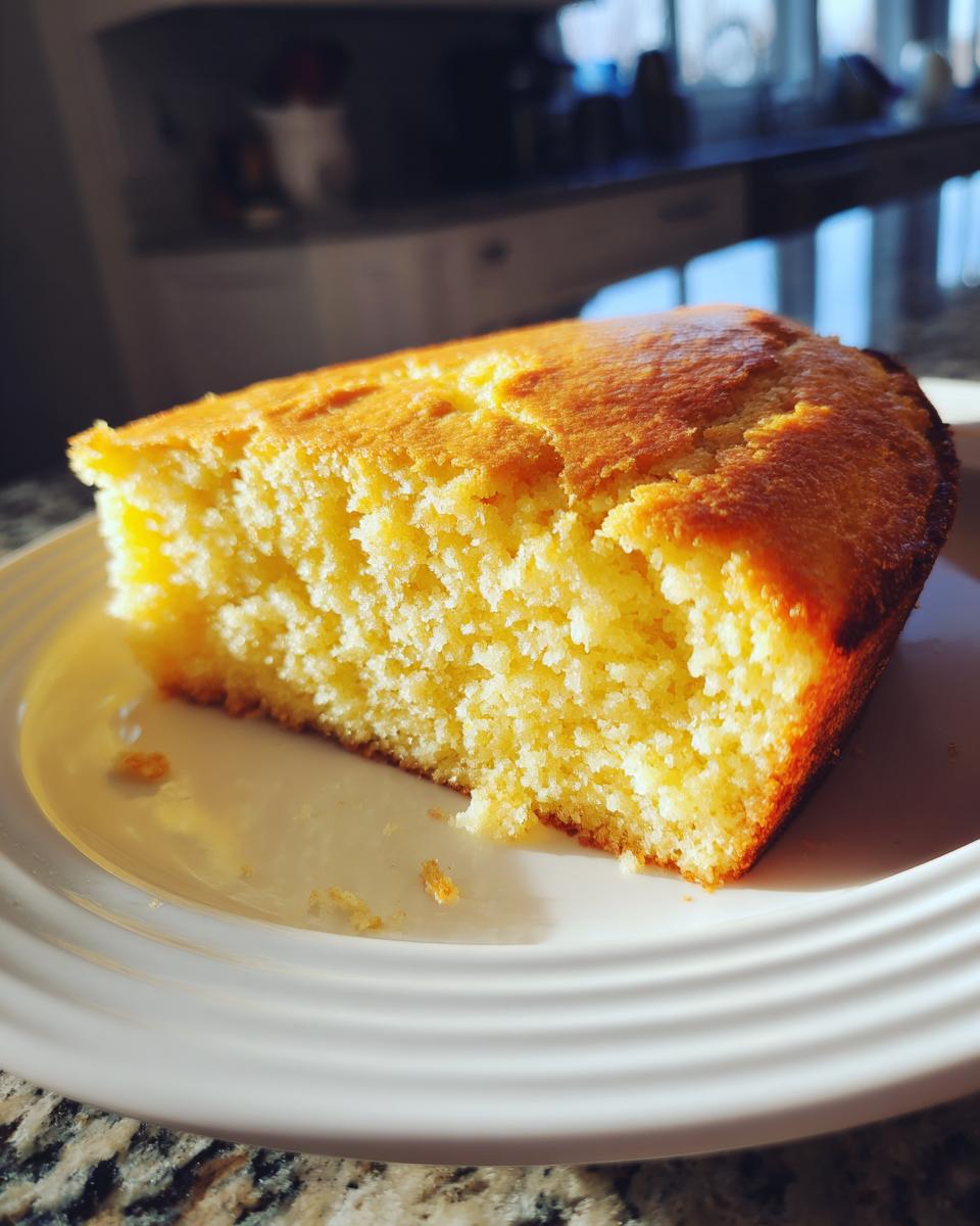 A close-up of a thick, moist slice of golden cornbread resting on a white plate, highlighted by sunlight.