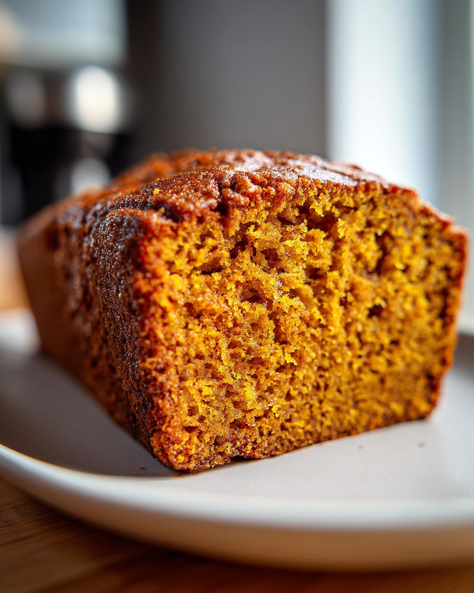 Close-up of the moist, orange crumb texture of an easy pumpkin bread loaf on a white plate.