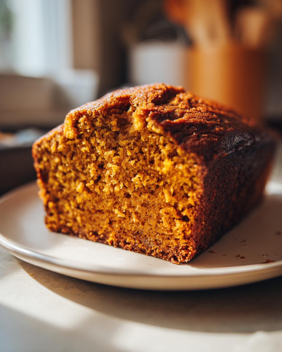 Close-up of a moist, dark-crusted slice of easy pumpkin bread resting on a light-colored plate.