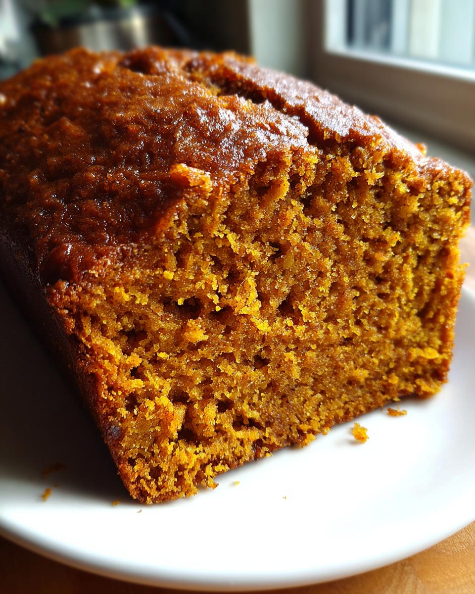 Close-up of a moist, dark orange slice of easy pumpkin bread resting on a white plate.