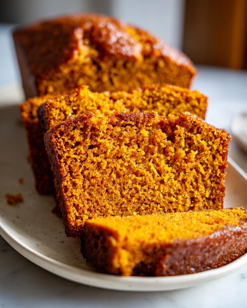 Close-up of three thick slices of moist, orange easy pumpkin bread on a light plate.