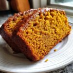 Close-up of two moist, orange slices of easy pumpkin bread resting on a white plate.