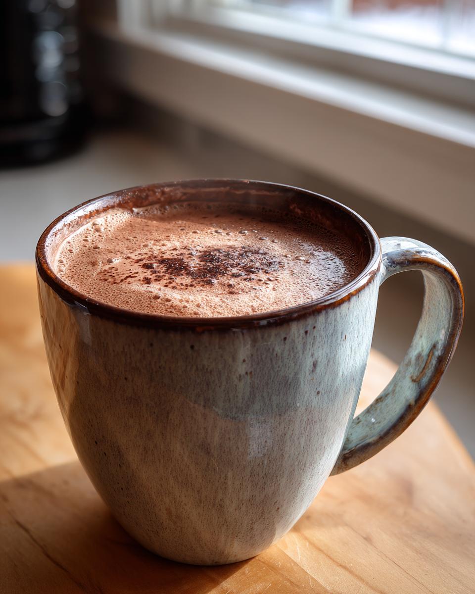 Close-up of a steaming mug filled with rich crockpot hot chocolate, dusted with cocoa powder.